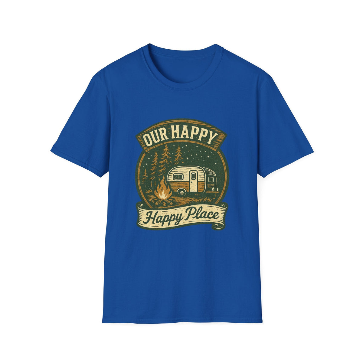 Our Happy Happy Place camper graphic T-Shirt | vintage camping trailer design | SummitPine