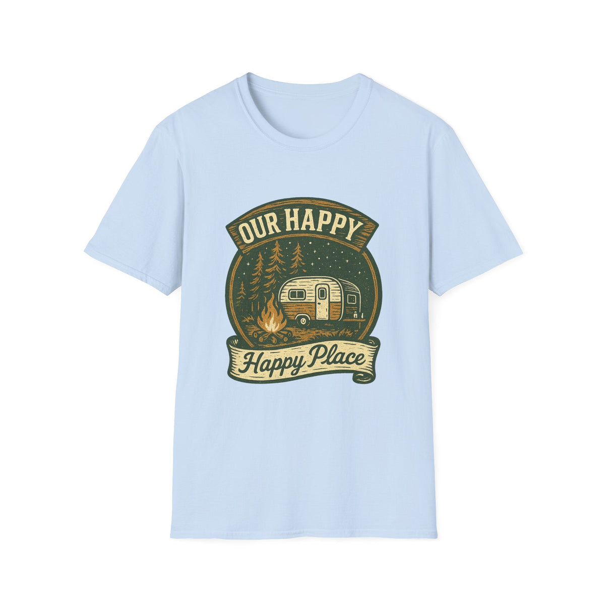 Our Happy Happy Place camper graphic T-Shirt | vintage camping trailer design | SummitPine
