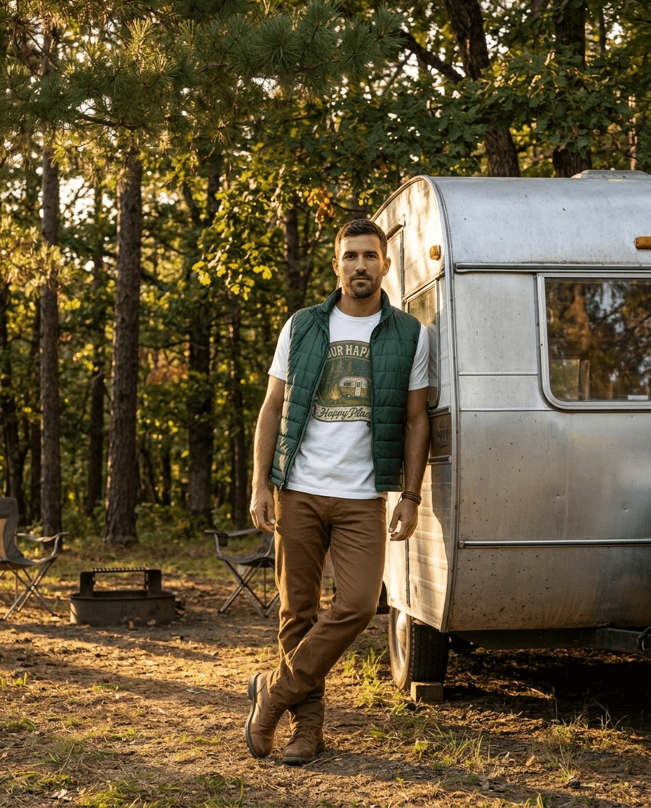 Our Happy Happy Place camper graphic T-Shirt | vintage camping trailer design | SummitPine
