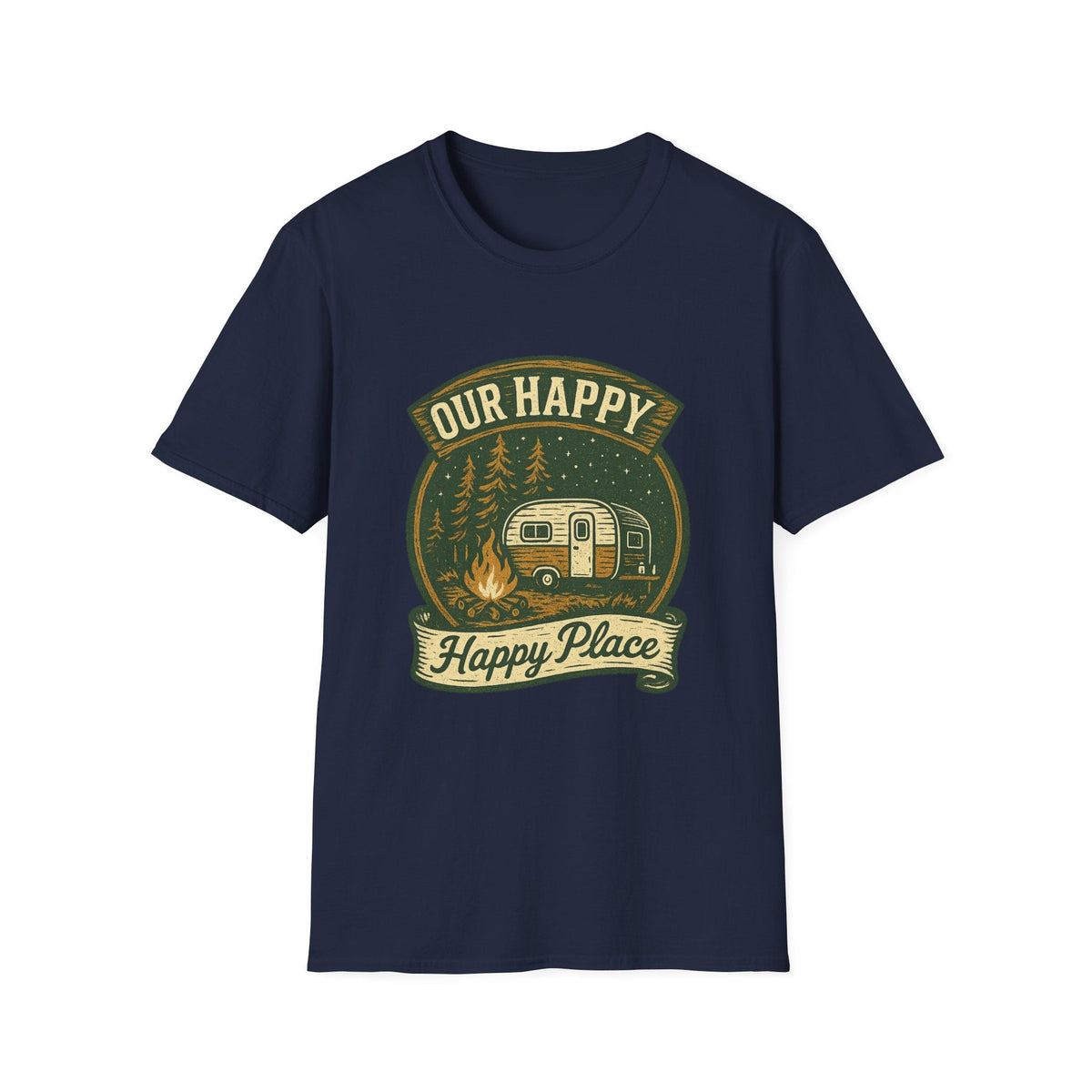 Our Happy Happy Place camper graphic T-Shirt | vintage camping trailer design | SummitPine