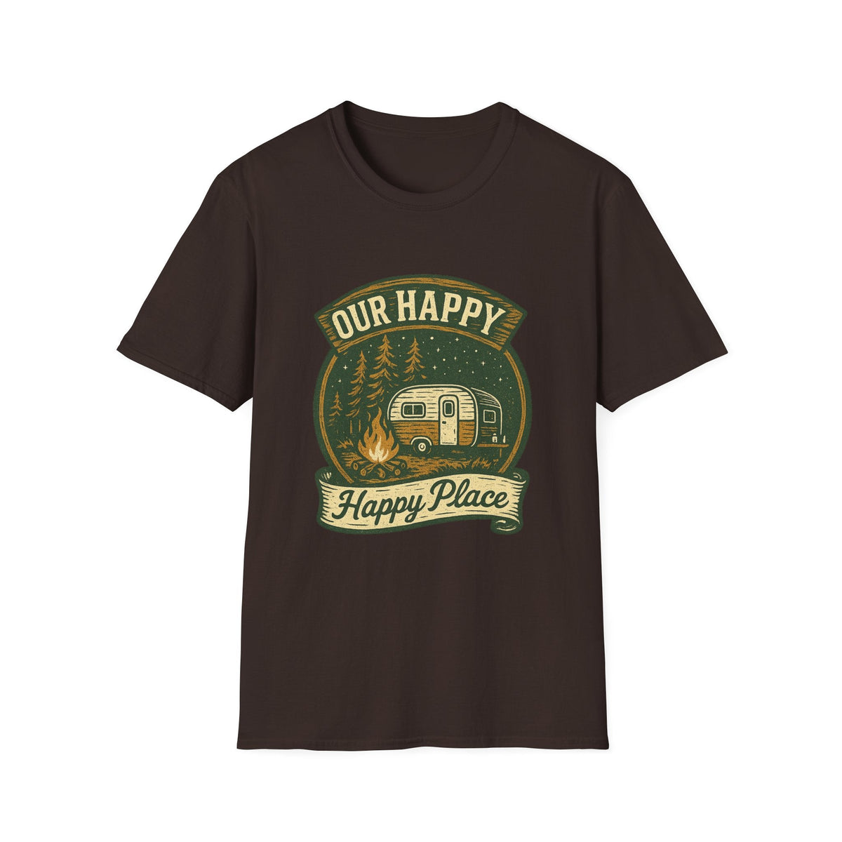 Our Happy Happy Place camper graphic T-Shirt | vintage camping trailer design | SummitPine