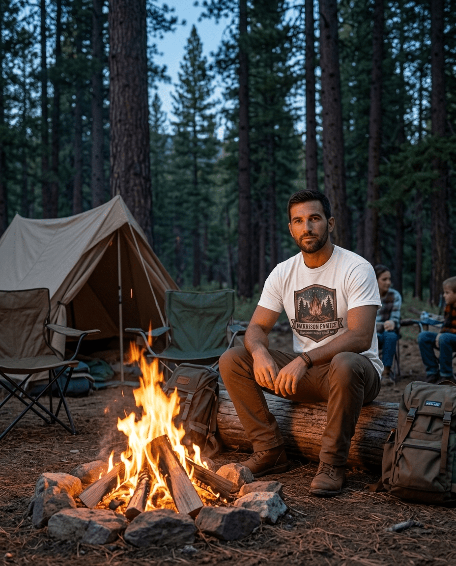 Personalized Campfire Badge T-Shirt | Custom Family Name Outdoor Tee | SummitPine