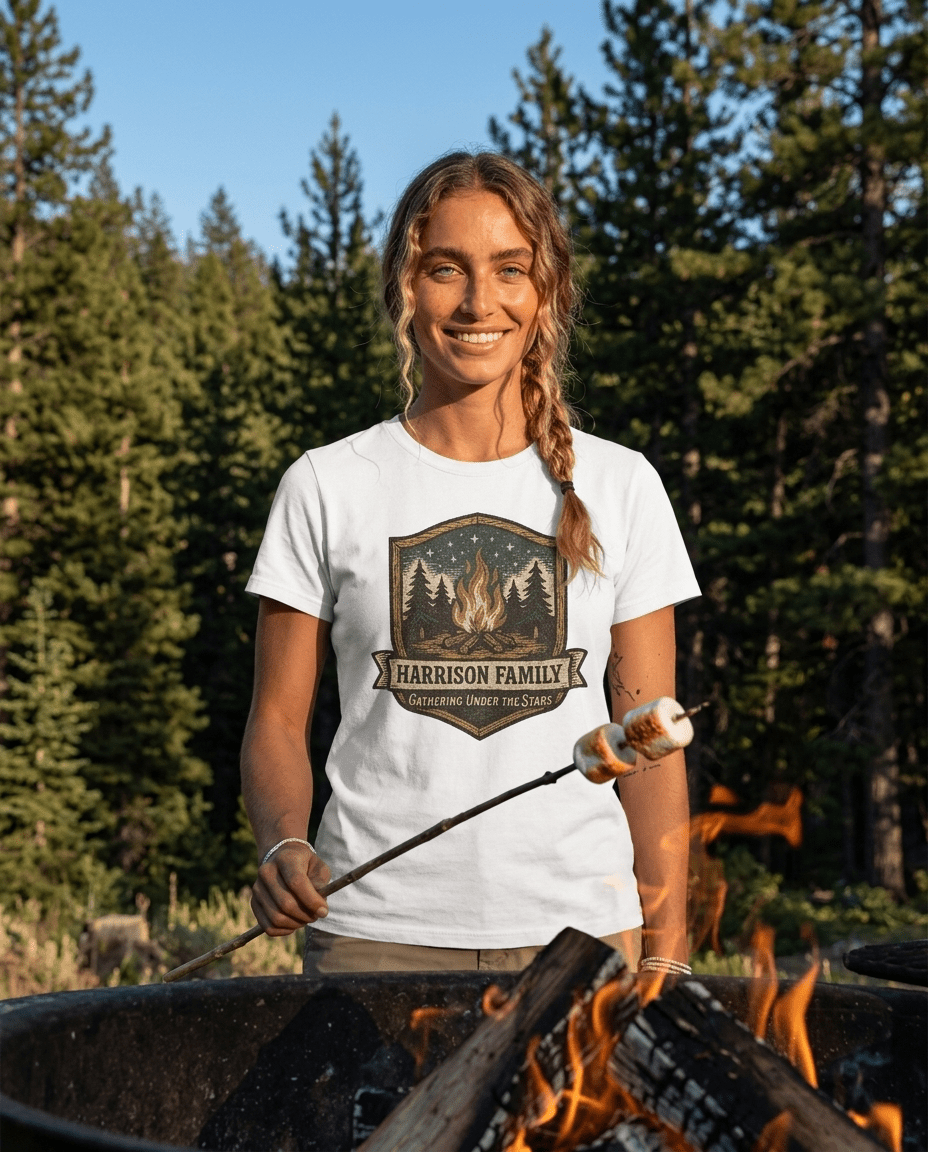 Personalized Campfire Badge T-Shirt | Custom Family Name Outdoor Tee | SummitPine