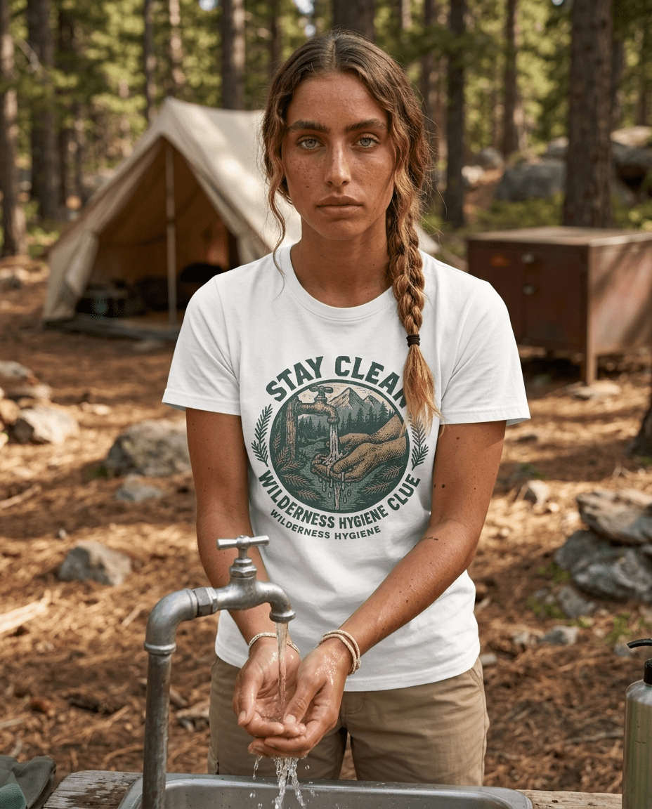 Stay Clean Wilderness Hygiene Club T-Shirt | Outdoor Camping Design | SummitPine
