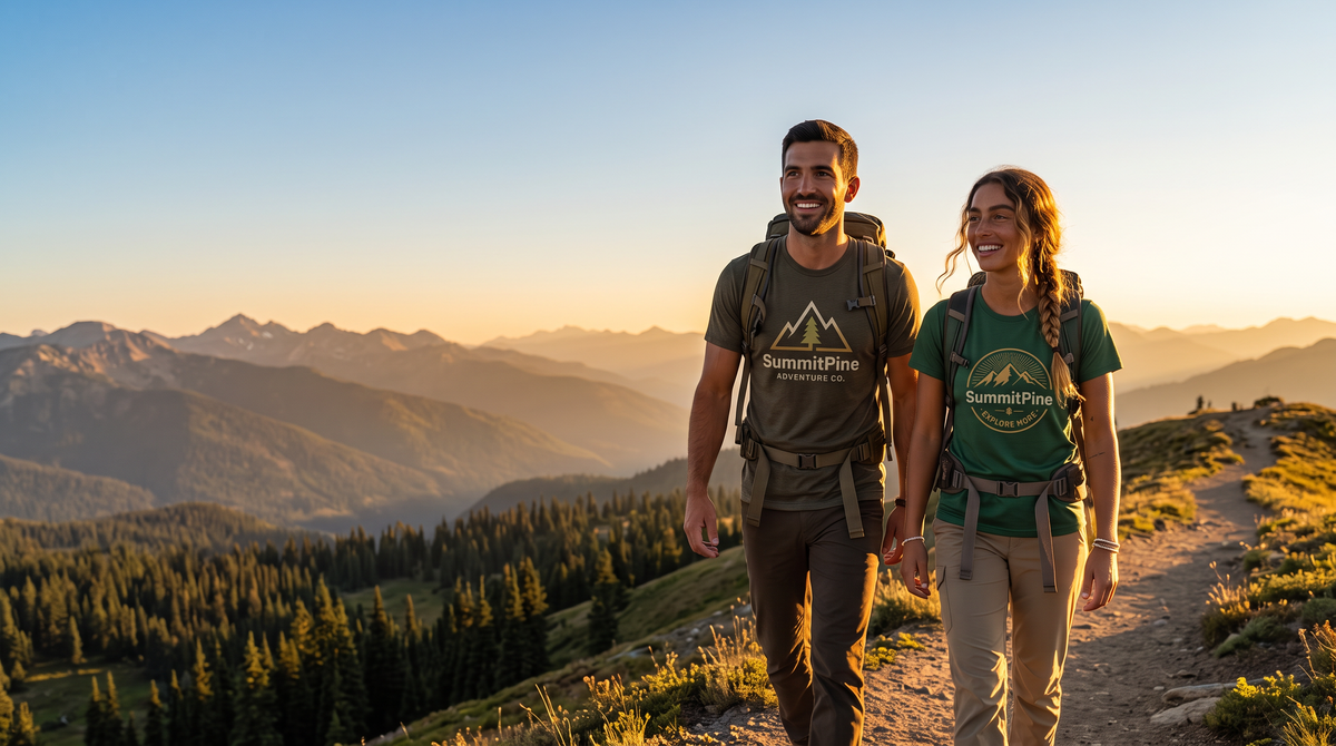 Man and woman hiking a mountain ridge trail at golden hour, wearing SummitPine graphic tees with layered peaks behind them