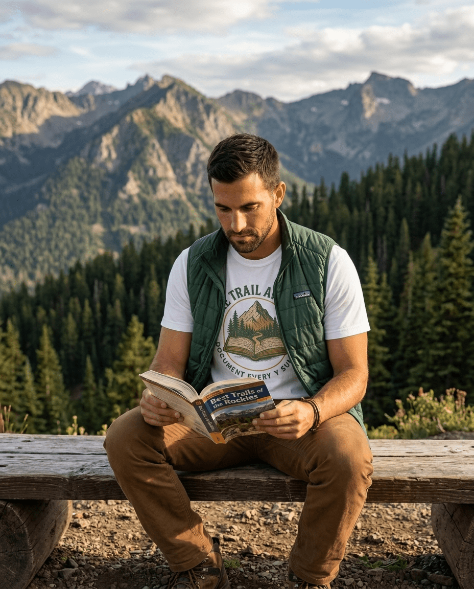 The Trail Awaits mountain and book illustration T-Shirt | hiking, adventure, nature | SummitPine