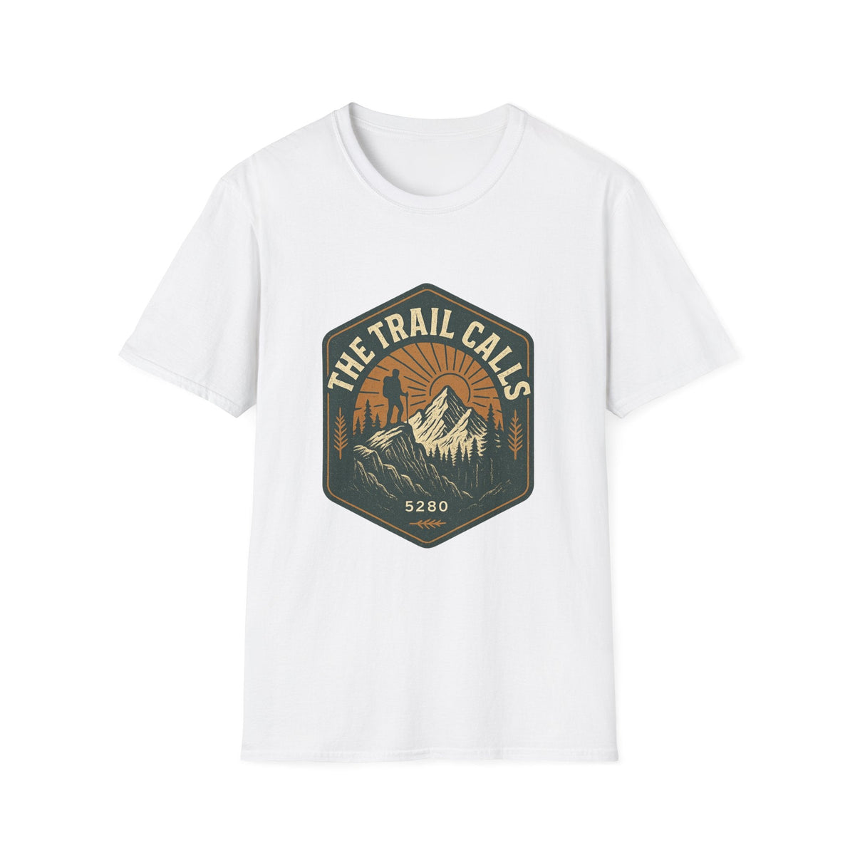 The Trail Calls hiking emblem T-Shirt | mountain, sunset, outdoors | SummitPine