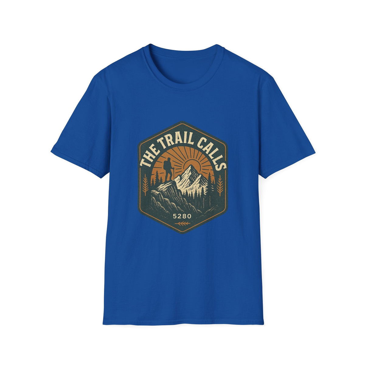 The Trail Calls hiking emblem T-Shirt | mountain, sunset, outdoors | SummitPine