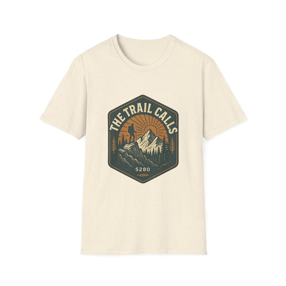 The Trail Calls hiking emblem T-Shirt | mountain, sunset, outdoors | SummitPine