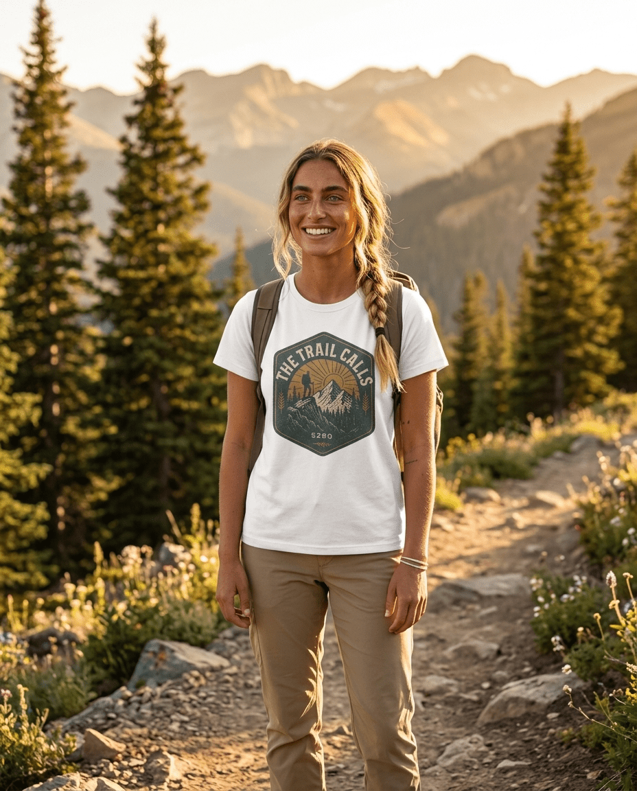 The Trail Calls hiking emblem T-Shirt | mountain, sunset, outdoors | SummitPine