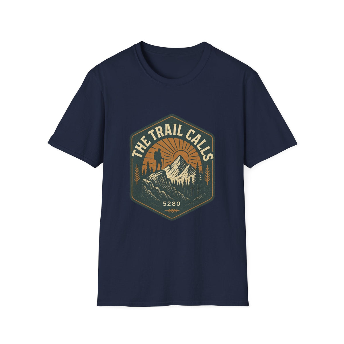 The Trail Calls hiking emblem T-Shirt | mountain, sunset, outdoors | SummitPine