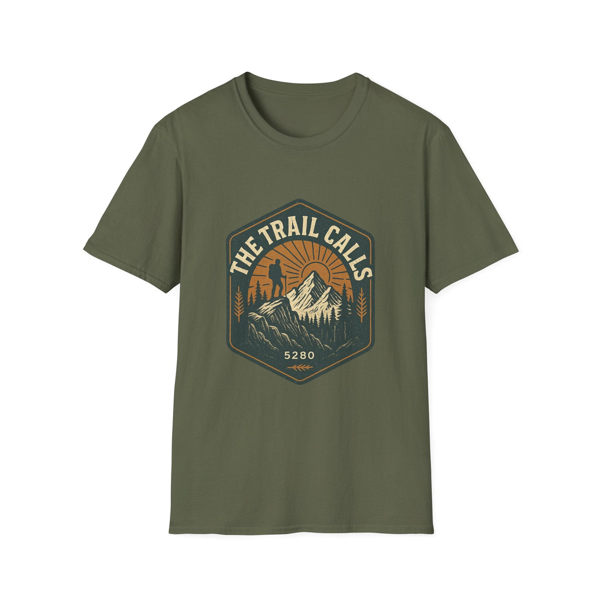 The Trail Calls hiking emblem T-Shirt | mountain, sunset, outdoors | SummitPine