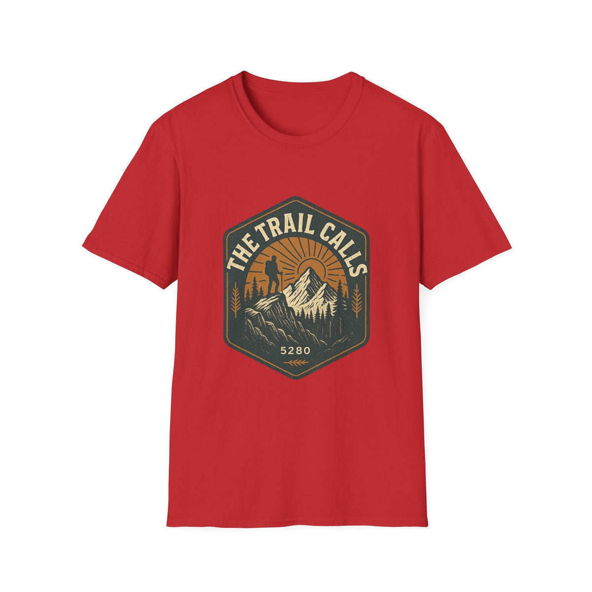 The Trail Calls hiking emblem T-Shirt | mountain, sunset, outdoors | SummitPine