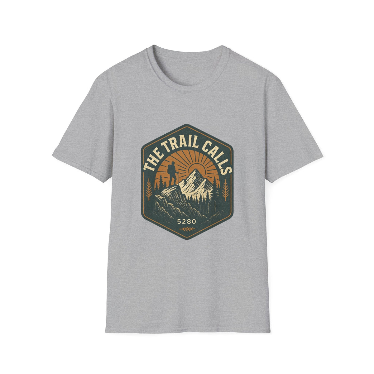 The Trail Calls hiking emblem T-Shirt | mountain, sunset, outdoors | SummitPine