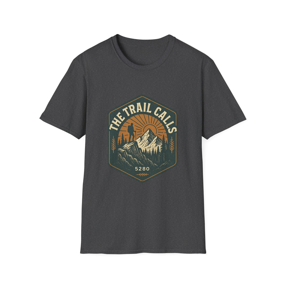 The Trail Calls hiking emblem T-Shirt | mountain, sunset, outdoors | SummitPine