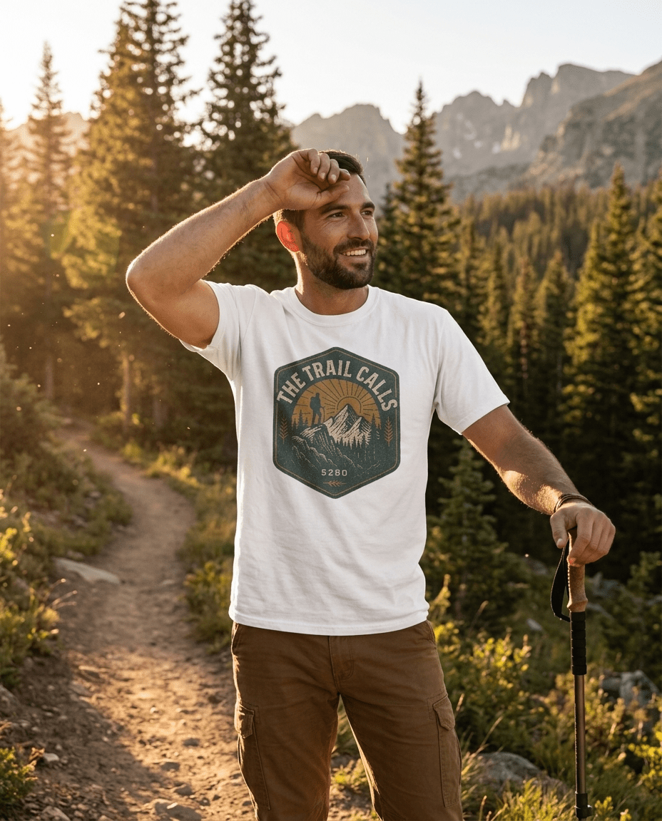 The Trail Calls hiking emblem T-Shirt | mountain, sunset, outdoors | SummitPine