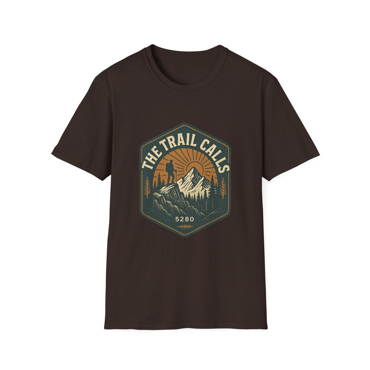 The Trail Calls hiking emblem T-Shirt | mountain, sunset, outdoors | SummitPine