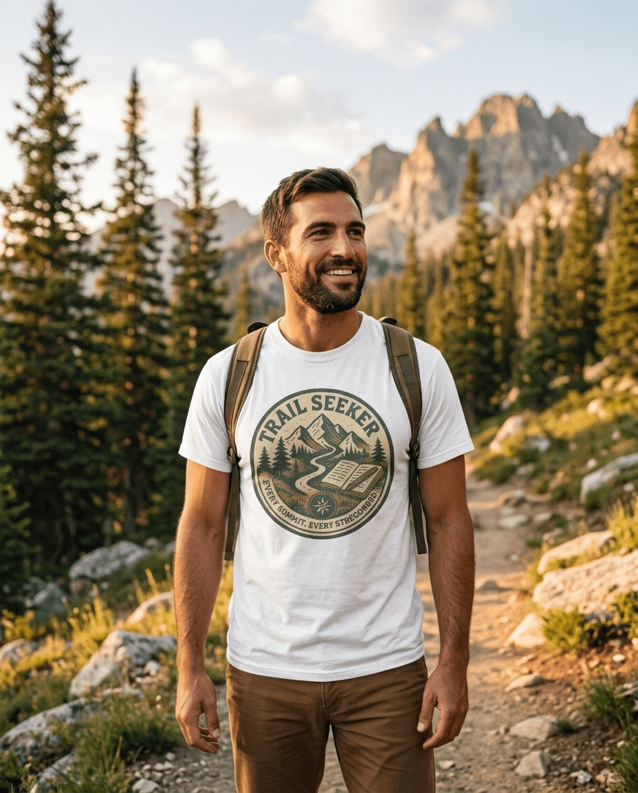 Trail Seeker Badge T-Shirt | Mountain Hiking Emblem, Nature Graphic | SummitPine