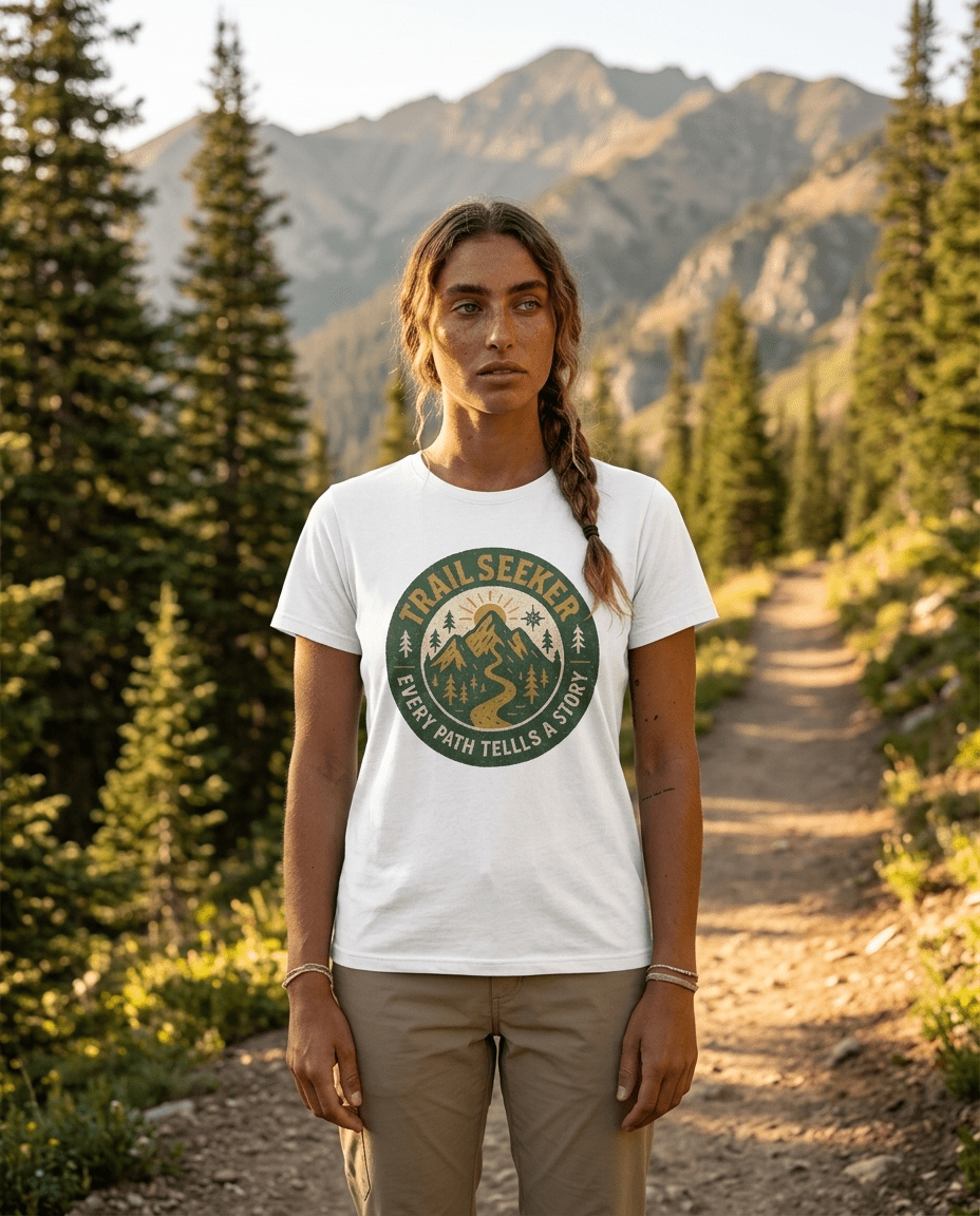 Trail Seeker mountain badge T-Shirt | Hiking outdoors adventure tee | SummitPine