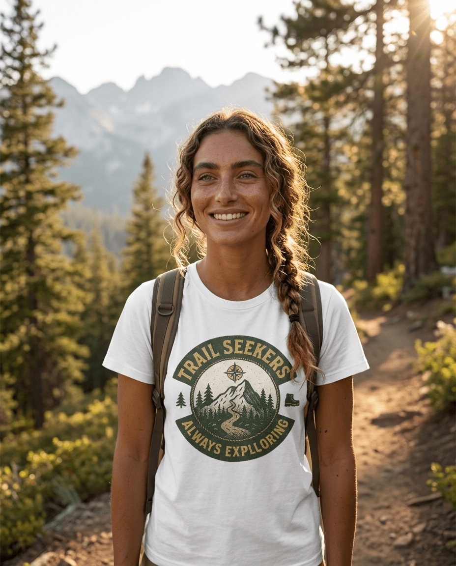 Trail Seekers mountain compass graphic T-Shirt | Adventure hiking design | SummitPine