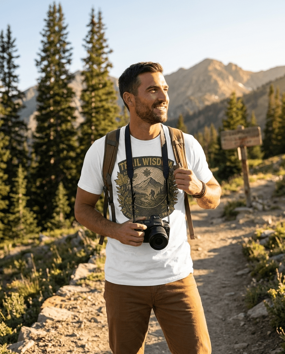 Trail Wisdom hiking badge T-Shirt | mountain compass outdoors design | SummitPine