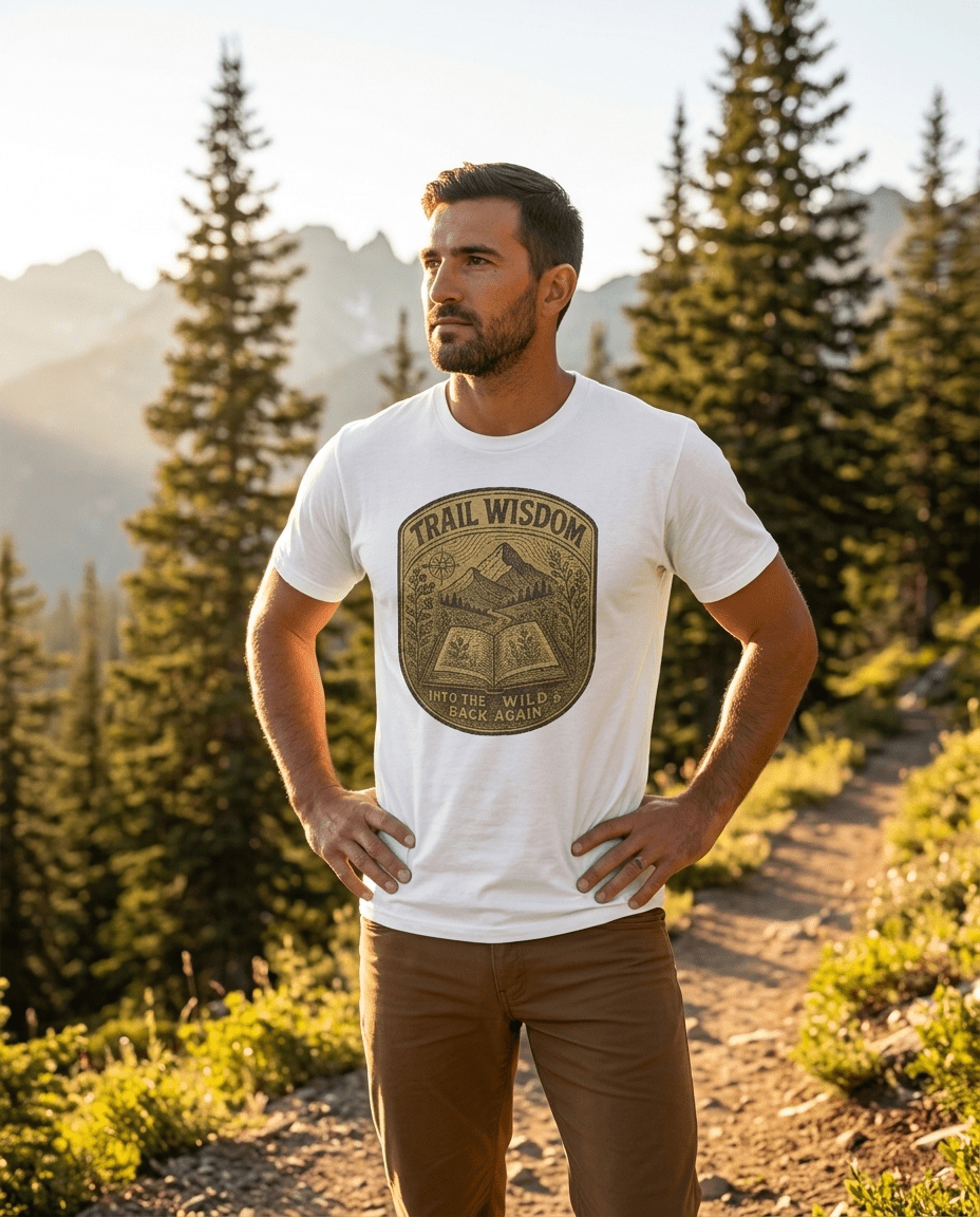 Trail Wisdom mountain badge T-Shirt | hiking nature design | SummitPine