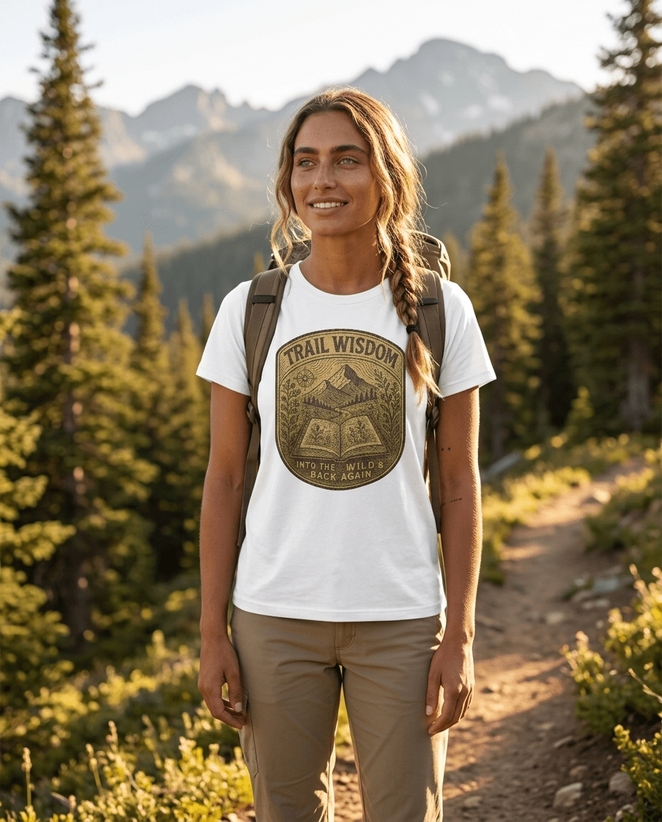 Trail Wisdom mountain badge T-Shirt | hiking nature design | SummitPine