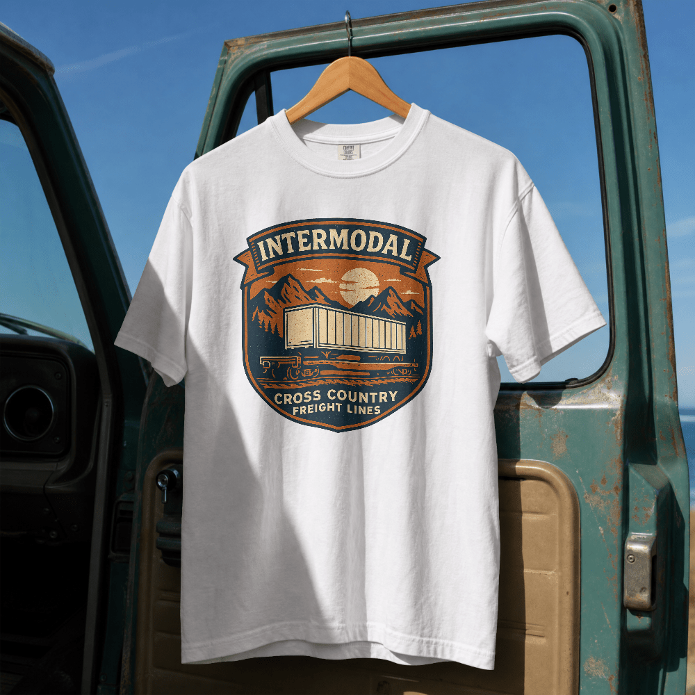 Vintage Freight Train T-Shirt | Retro Railroad Graphic Tee | Americana Mountain Sunset Shirt | SummitPine