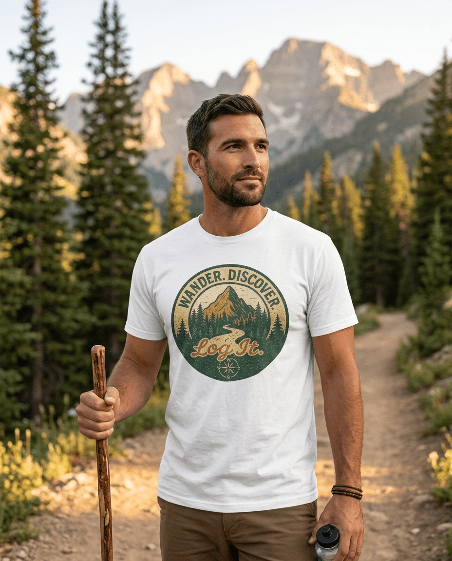 Wander Discover Mountain Patch T-Shirt | Outdoor Hiking Graphic Tee | SummitPine