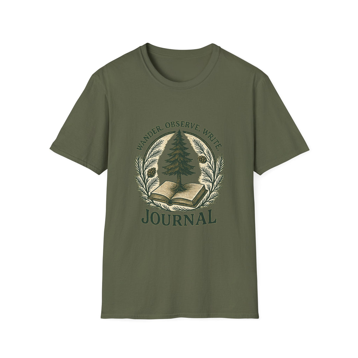 Wander Observe Write Journal T-Shirt | Nature Tree, Pinecone, Botanical Design | SummitPine