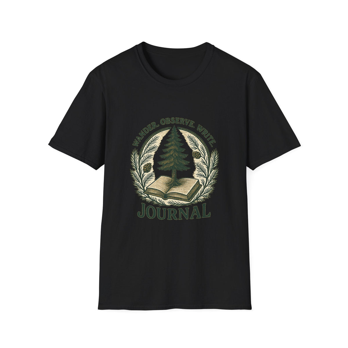 Wander Observe Write Journal T-Shirt | Nature Tree, Pinecone, Botanical Design | SummitPine