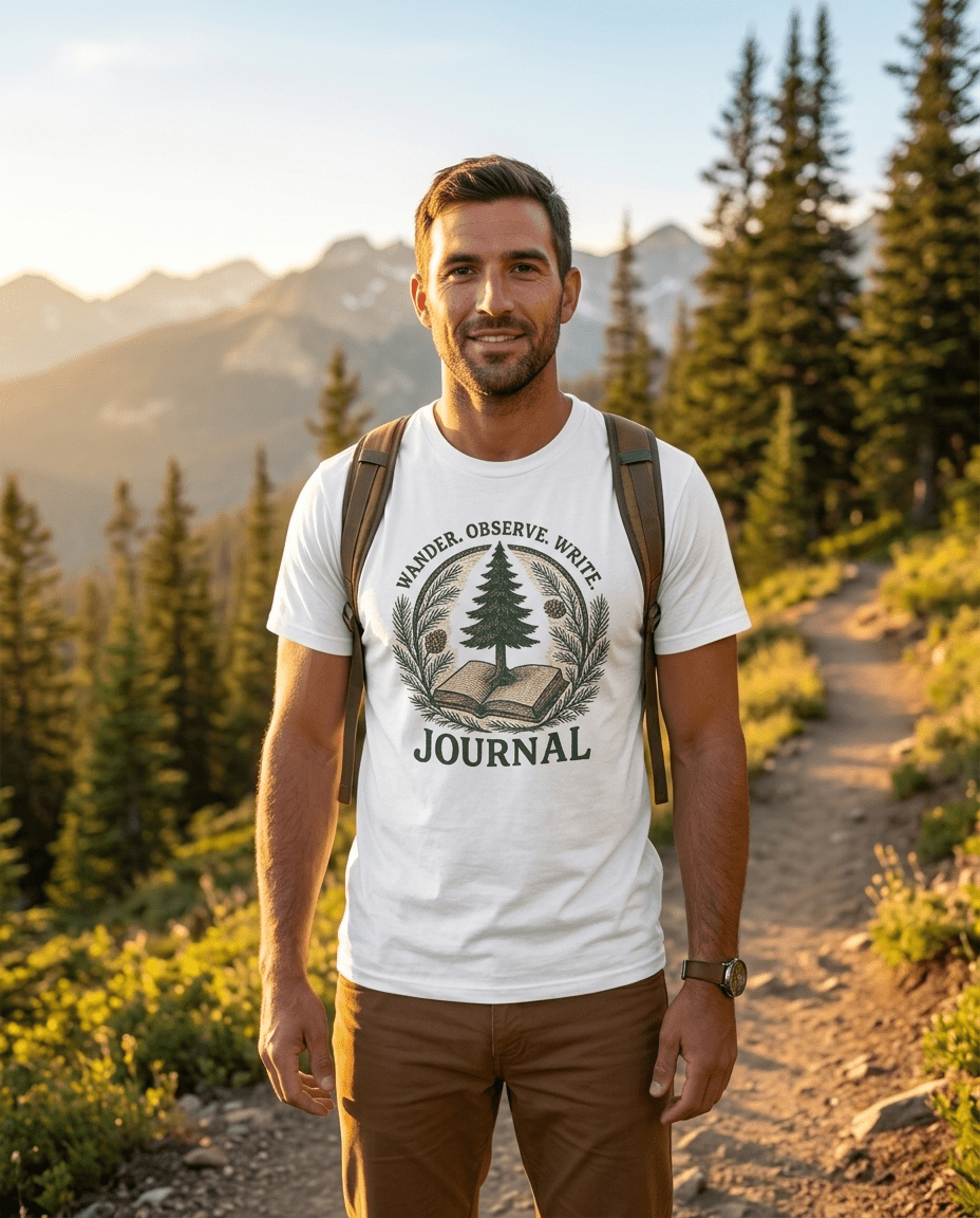Wander Observe Write Journal T-Shirt | Nature Tree, Pinecone, Botanical Design | SummitPine