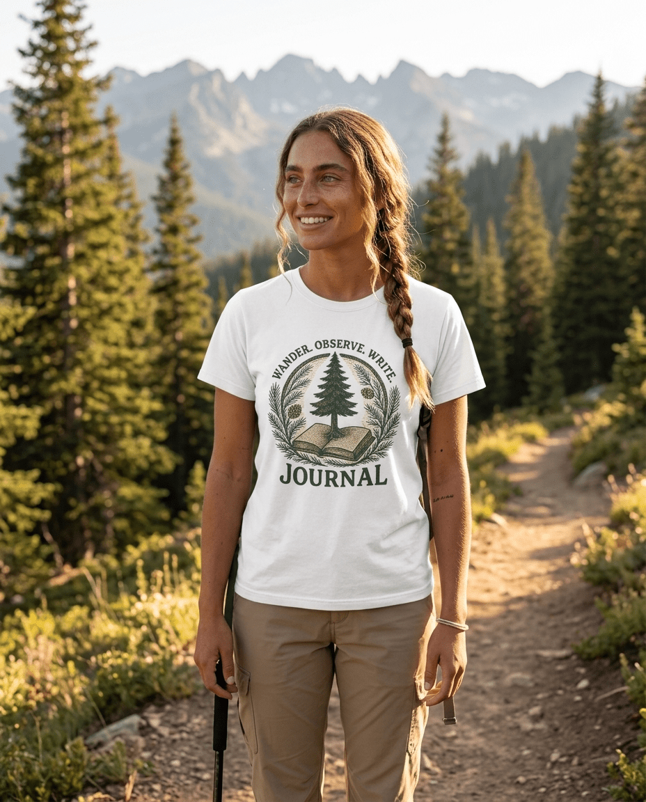 Wander Observe Write Journal T-Shirt | Nature Tree, Pinecone, Botanical Design | SummitPine