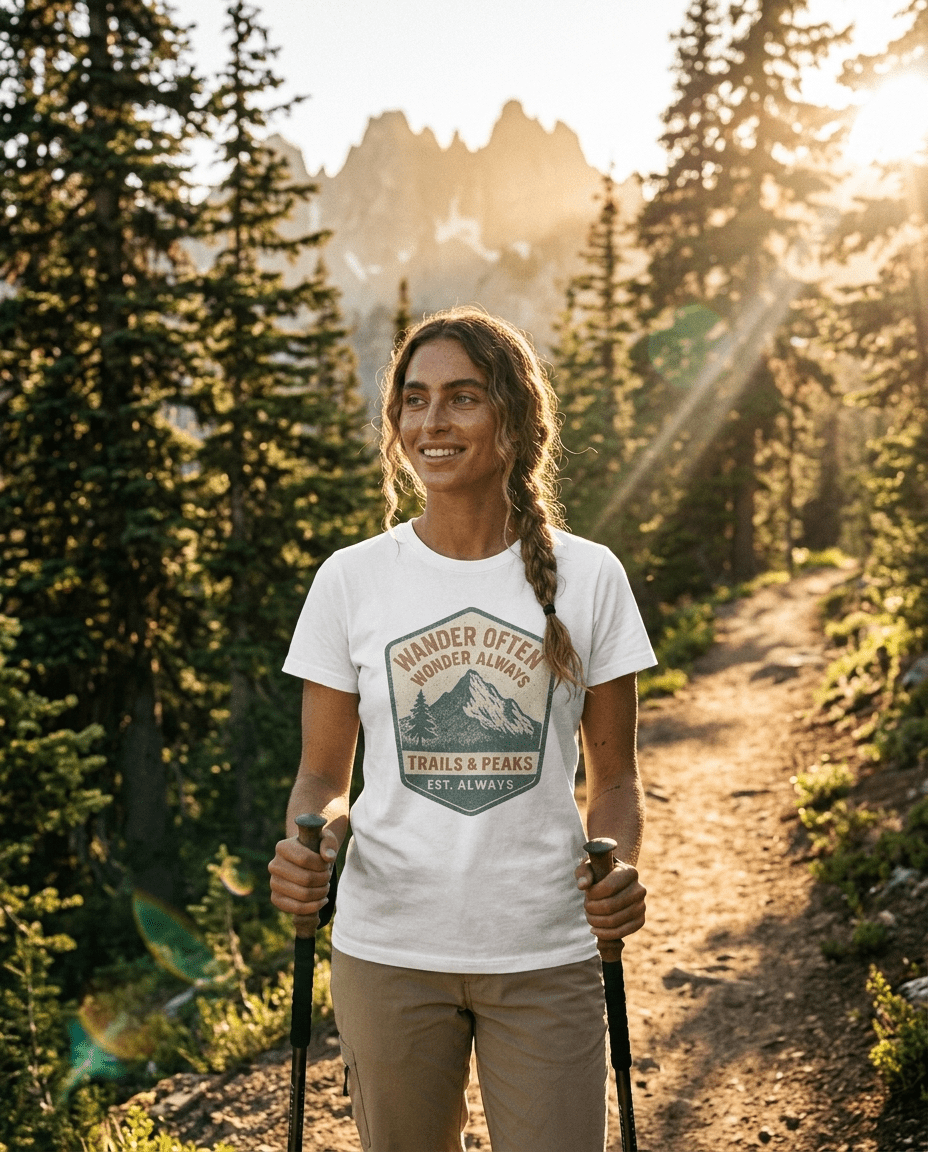 Wander Often Wonder Always Mountain Badge T-Shirt | Trails & Peaks Tee | SummitPine
