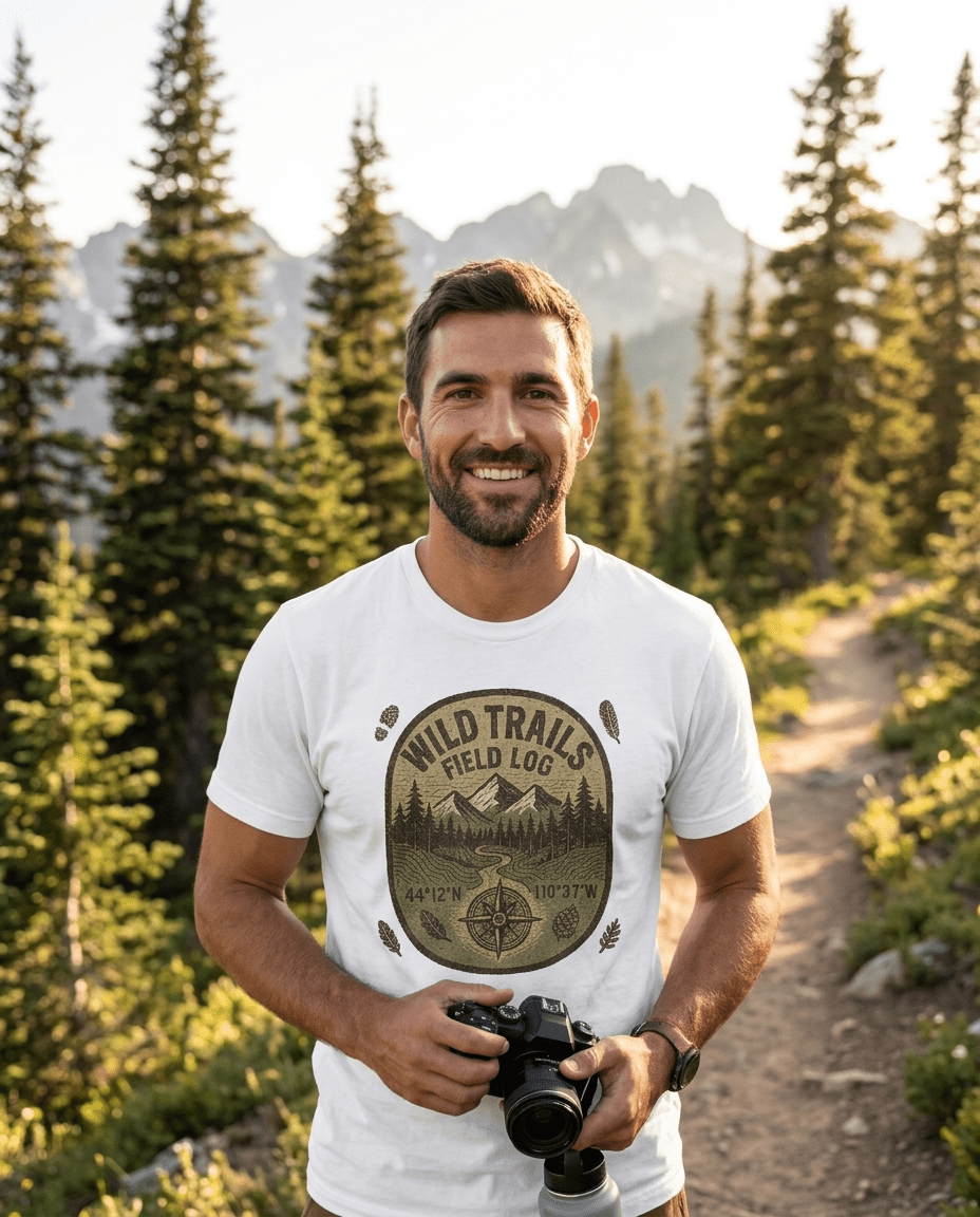 Wild Trails Field Log T-Shirt | Mountain Hiking Badge, Outdoor Adventure Tee | SummitPine