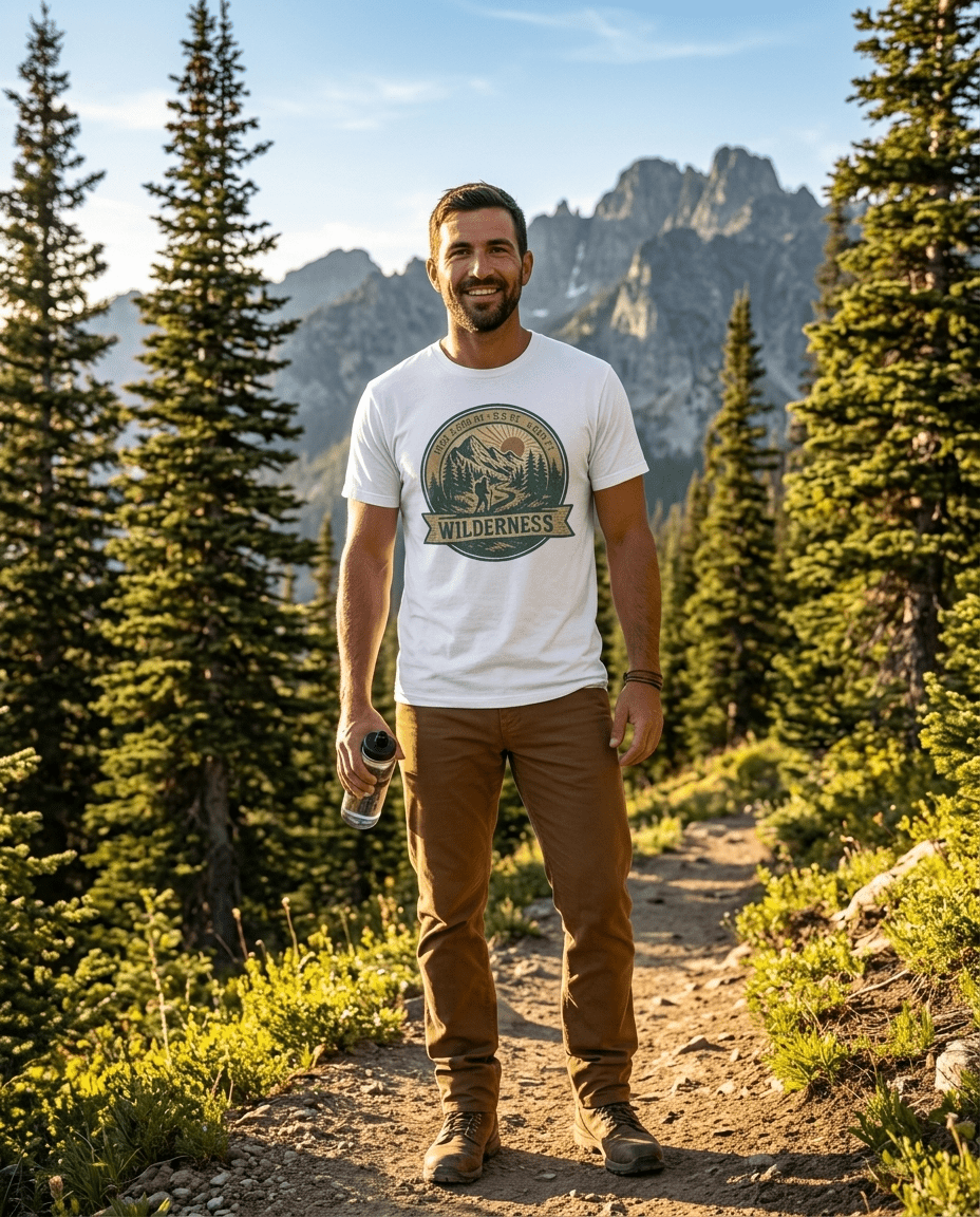 Wilderness Mountains Graphic T-Shirt | Hiking Badge Retro Outdoor Tee | SummitPine