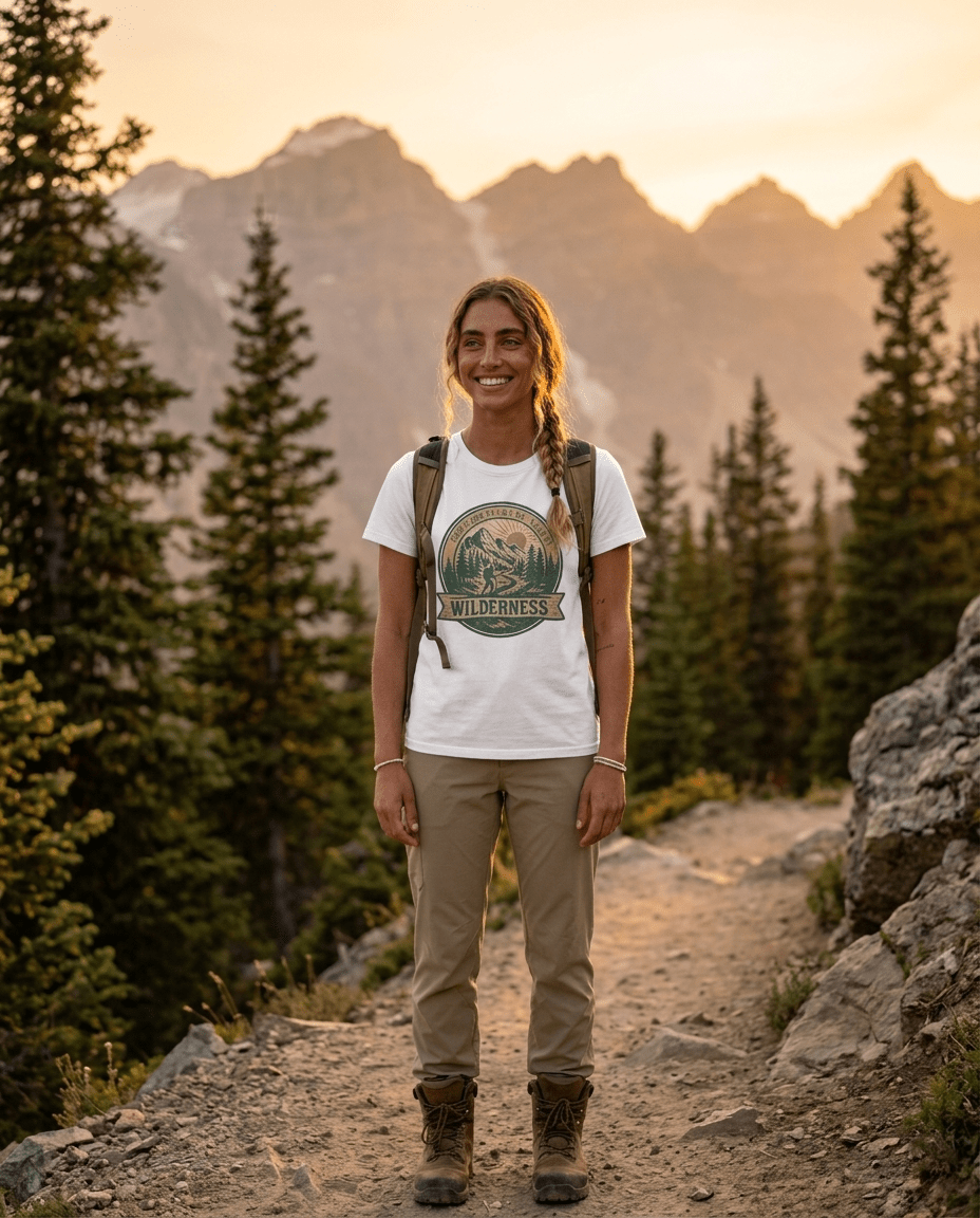 Wilderness Mountains Graphic T-Shirt | Hiking Badge Retro Outdoor Tee | SummitPine